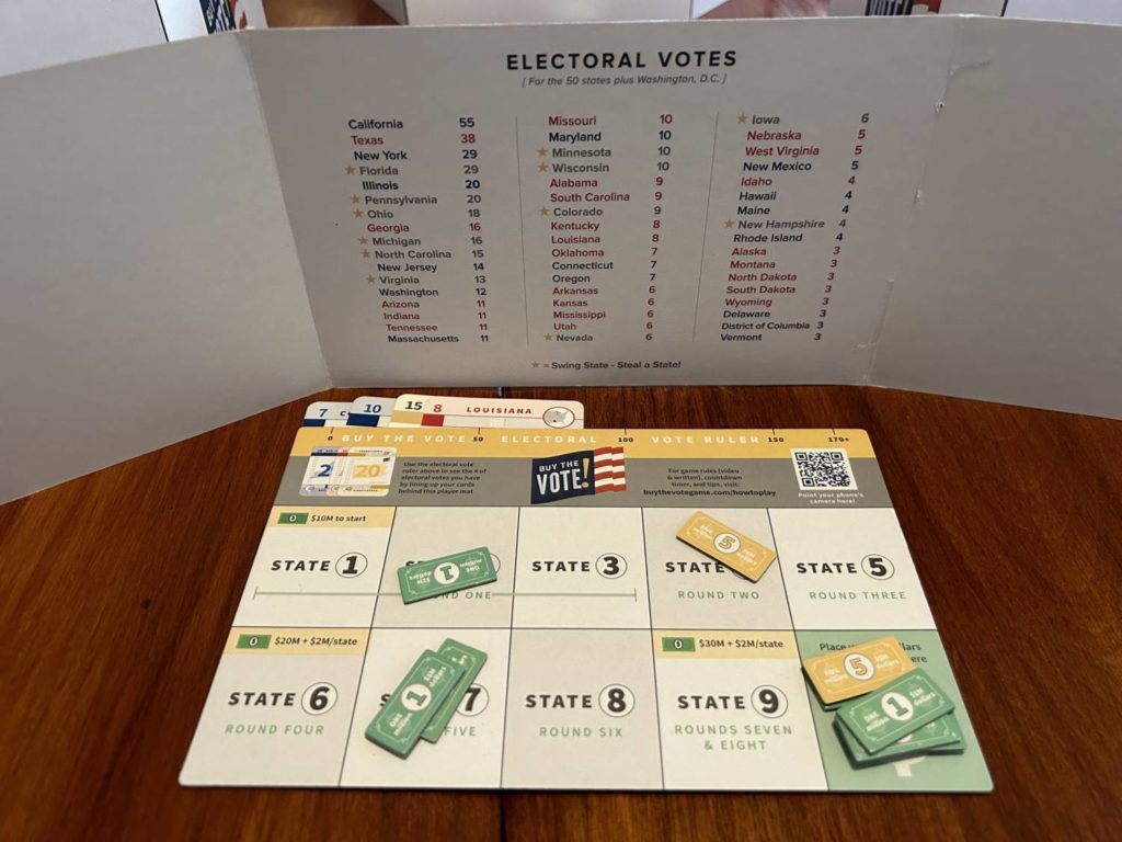 A player board, with money allocated to specific states.