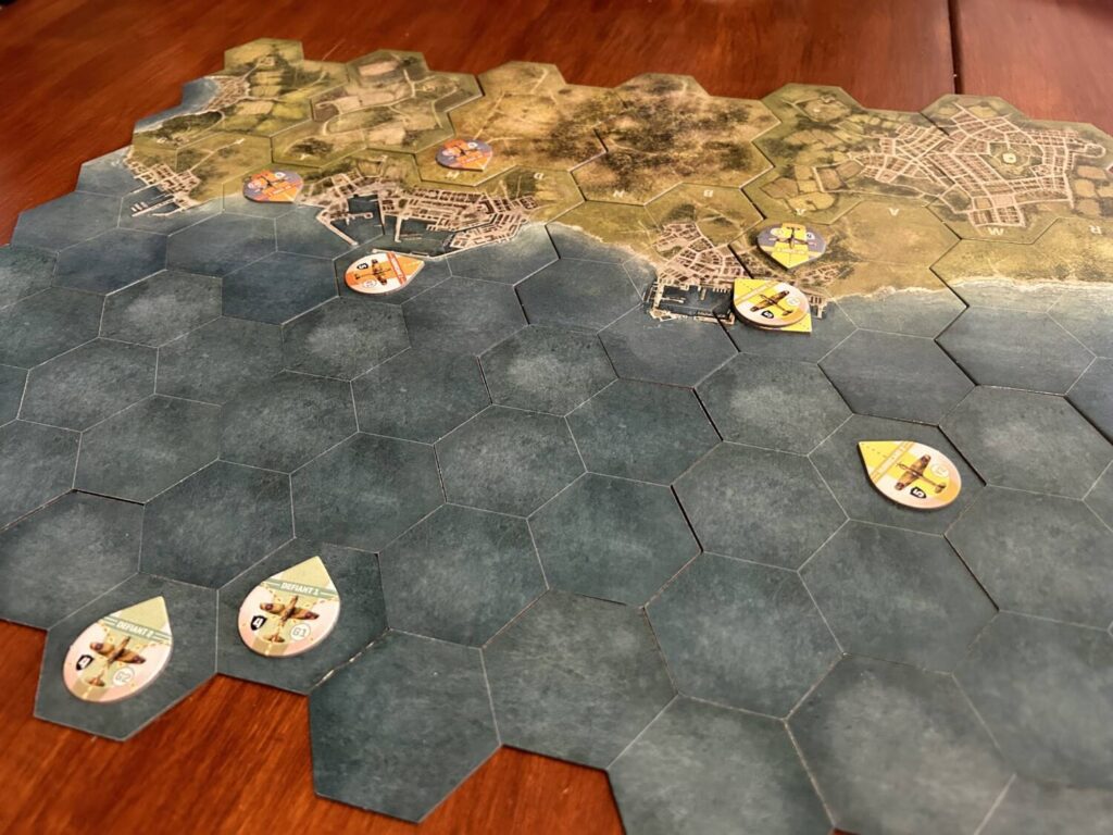 The board for the first scenario involves a small amount of the English coast and a large swathe of water.