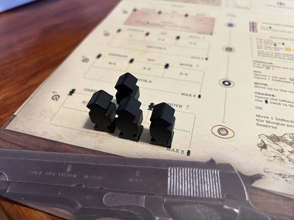 Nazi troops, who look delightfully similar to black missiles, on stage one of the battle grid.