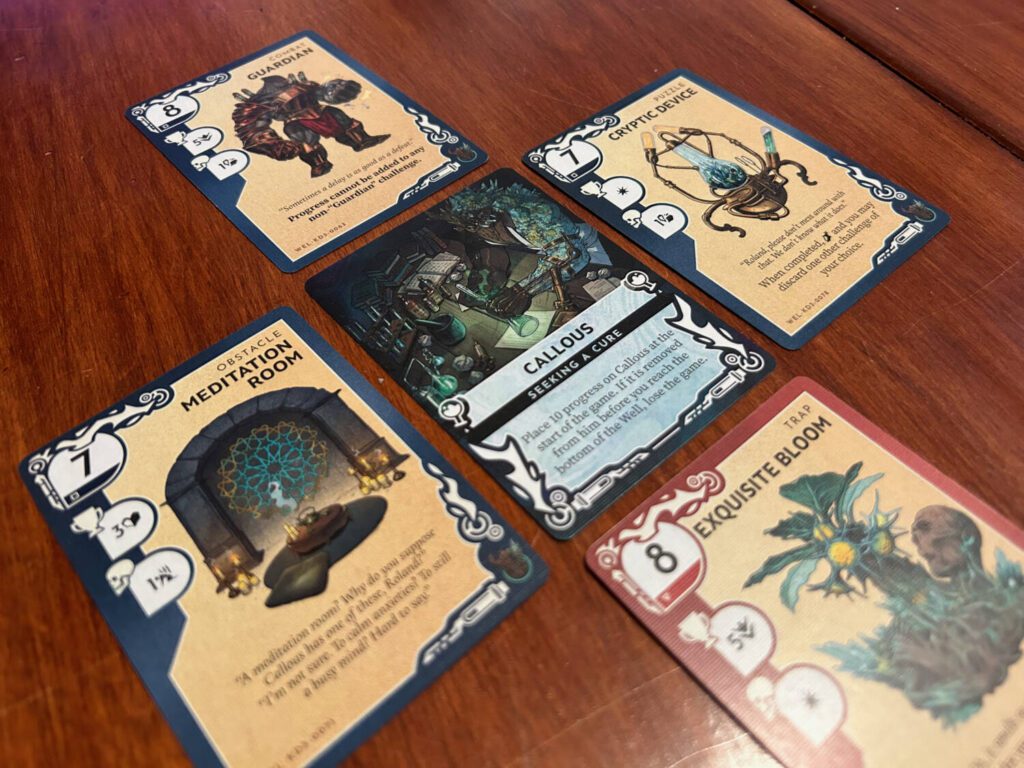 Four Challenge cards form a T, with a facedown Callous card in the middle.