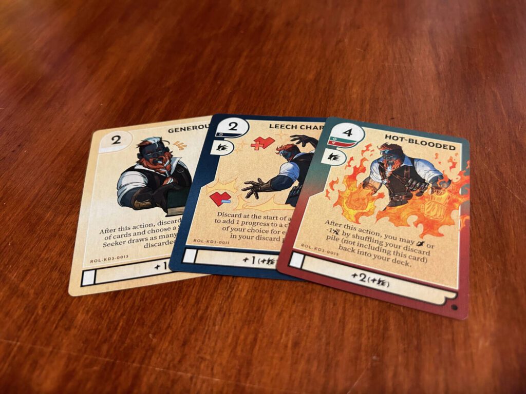 A selection of character cards. Some are only compatible with one color, while others can be used against multiple types of Challenges.