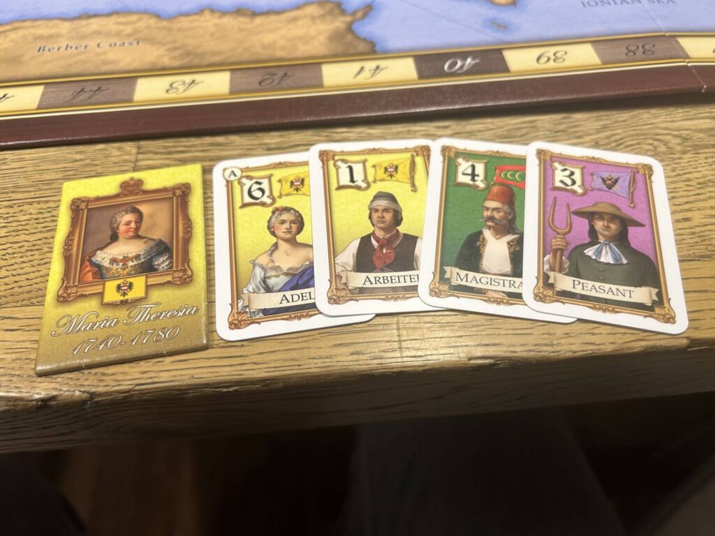 An example of player influence, various cards with different numerical values.
