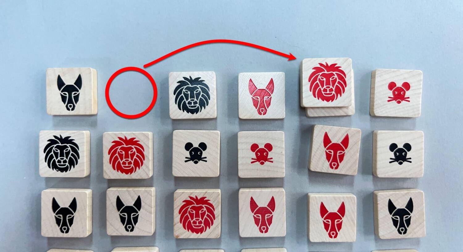 From the random setup image above, the red lion captures the black mouse...