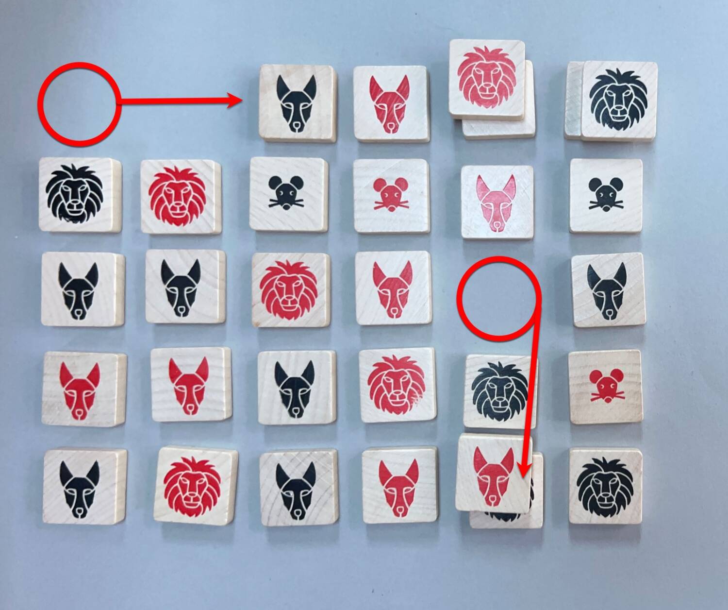 ...meaning the black jackel moves to the right to fill in the gap. If the red jackel then moved atop the black lion at the bottom of that column...