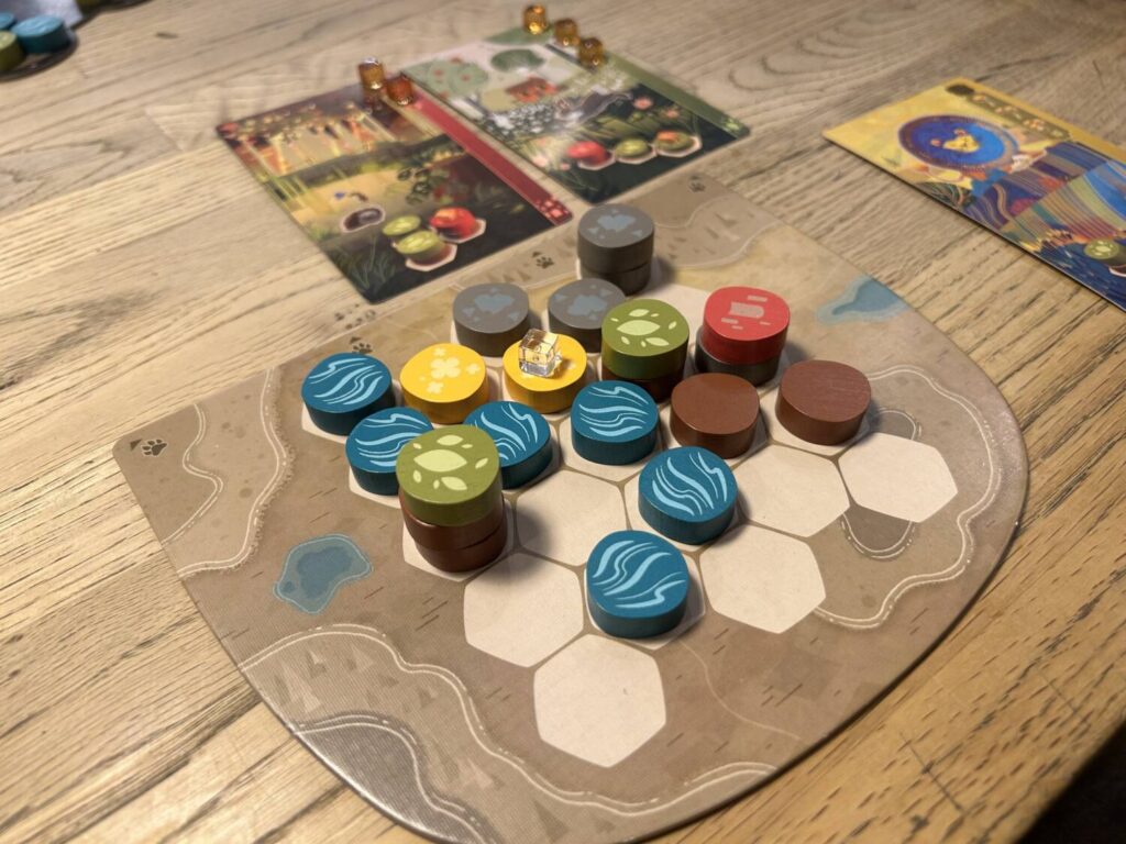 The player boards are covered in beige hexagons, onto which you build your rivers, mountain ranges, fields of flowers, and dense forests.