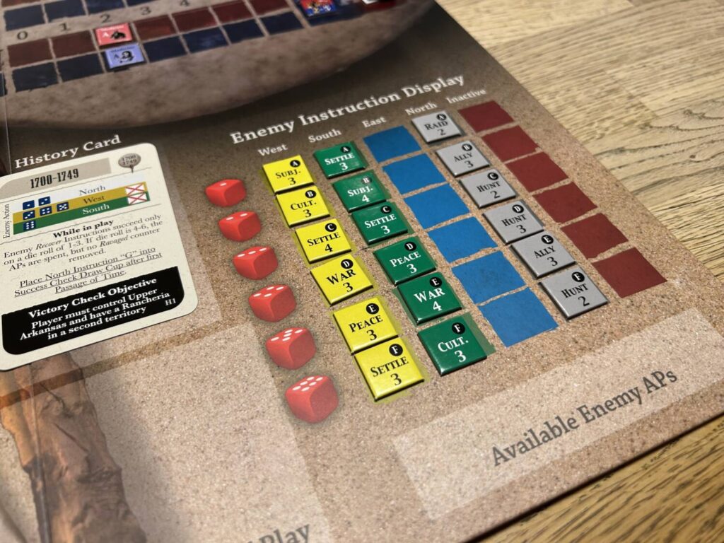 Five columns of tokens in different colors, each corresponding to a different direction from which enemies flow in the game.