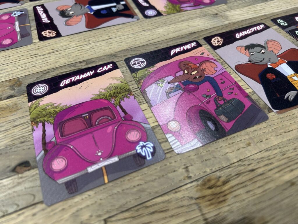 A close up photo of a getaway car and a driver card.
