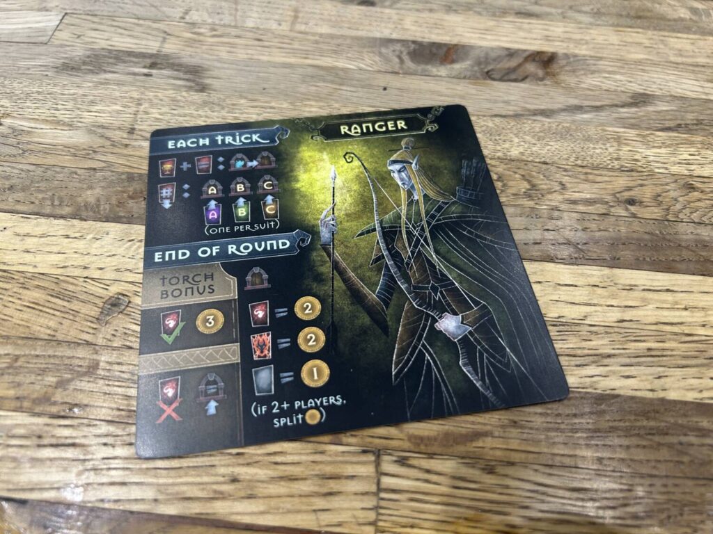 A player aid, which includes reminders for the resolution of each trick and final scoring.
