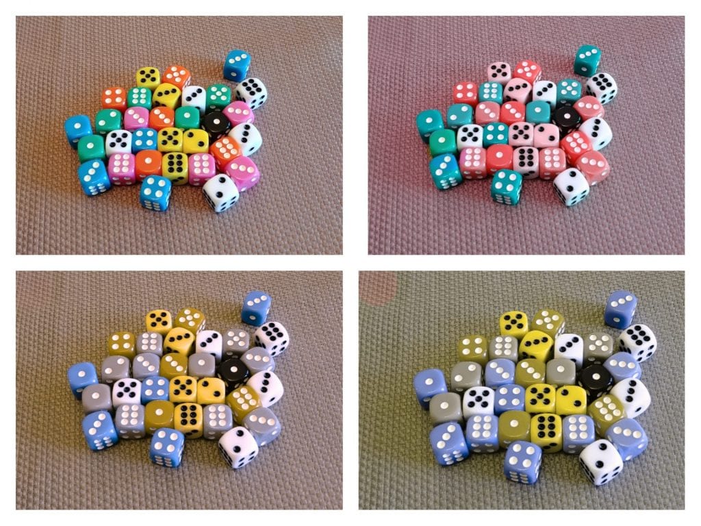 Dice set through different colour-blindness lenses