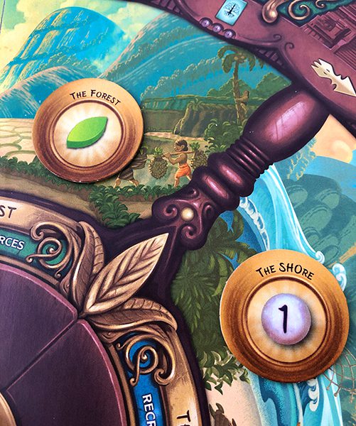 In this round, the player who bids the highest in The Forest will also gain 1 palm; whoever bids the highest in The Shore will gain 1 Esteem.