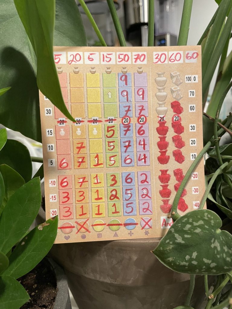 A filled-in player sheet from Lost Cities: Roll & Write