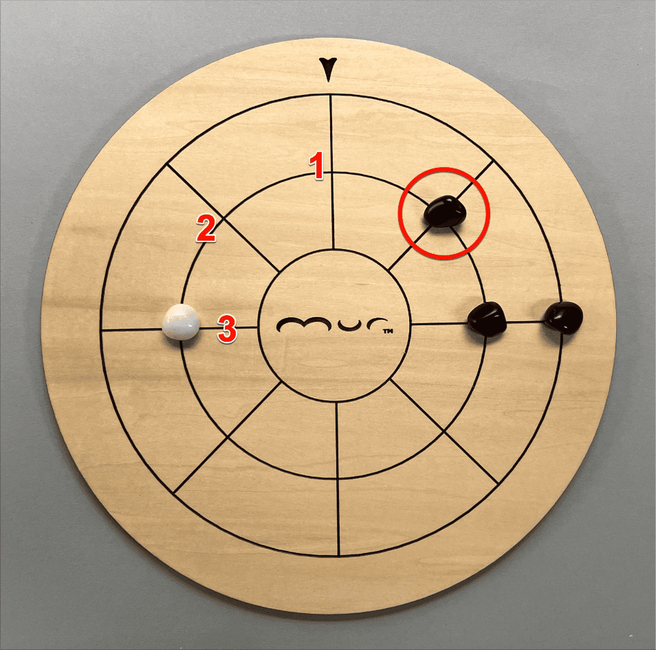The circled black stone must move 3 spaces. The white stone is three spaces away. When it moves to that space...
