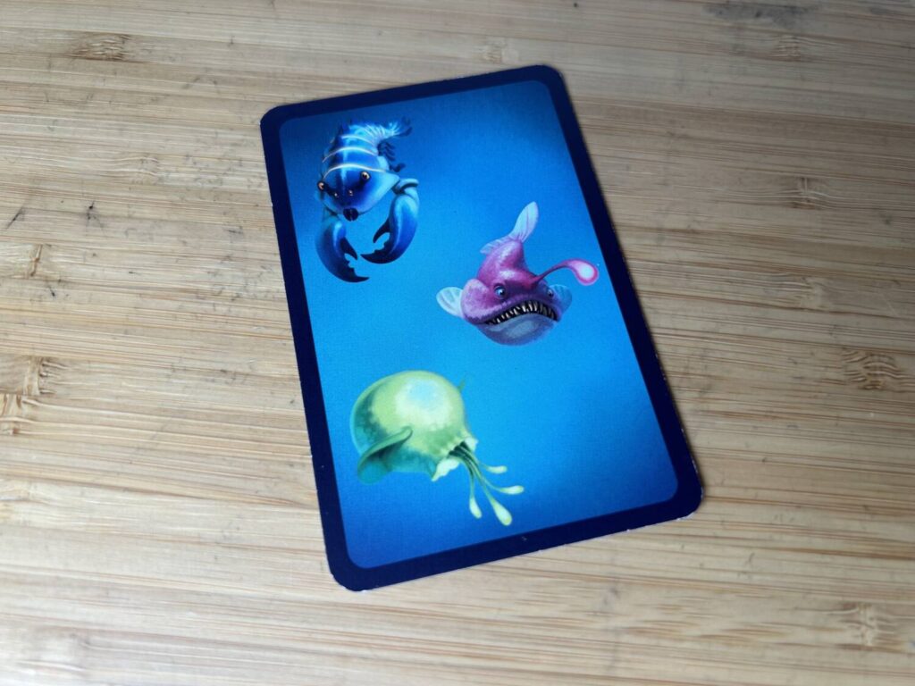 A single card. Each card is printed with spot gloss on the fish, to make them look wet.