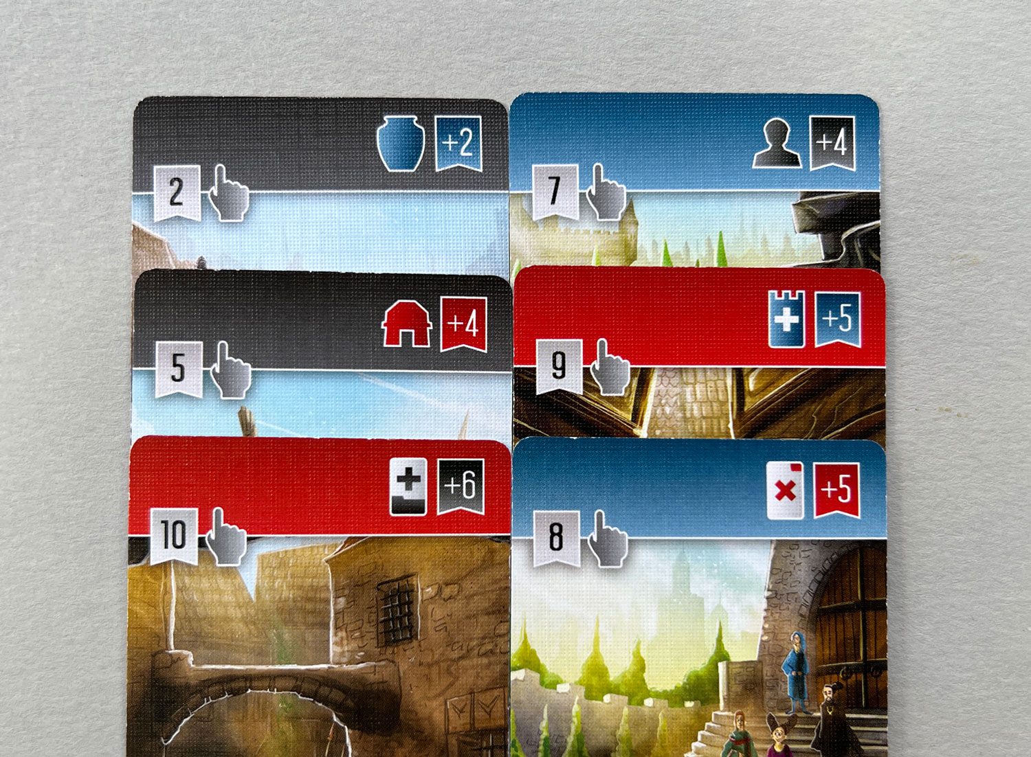 The top actions of six Negotiate cards. The left side shows how high you have to be on the Influence track to take the action shown on the right. That right-side action comes with a boost in the associated track.