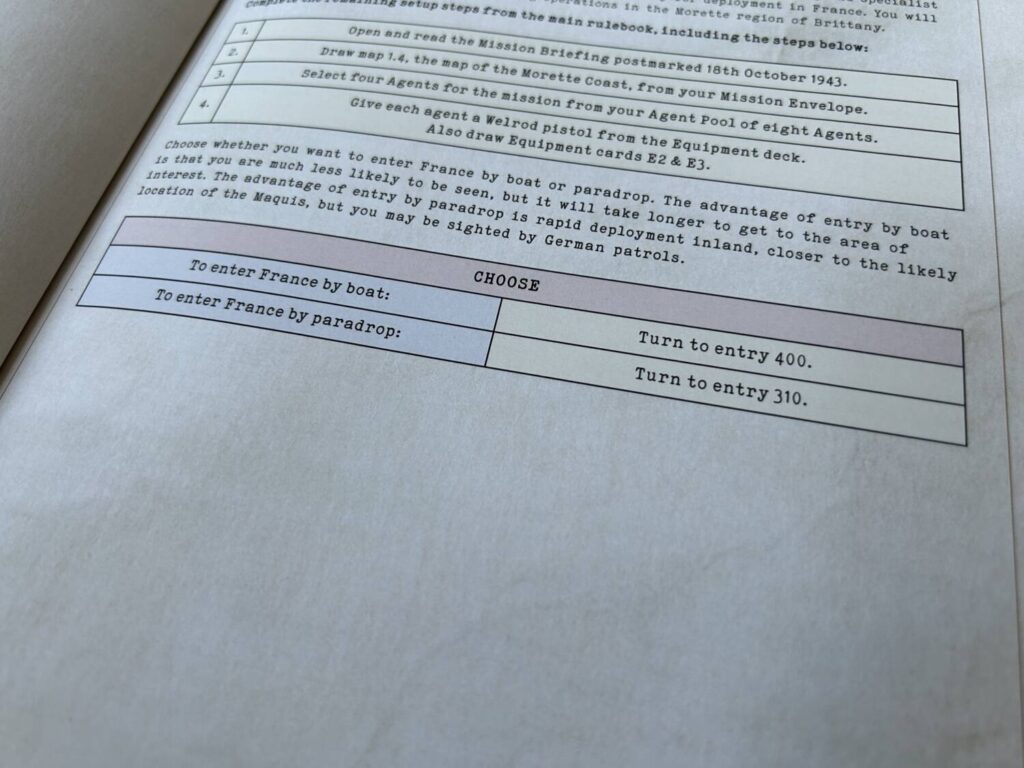 The first page of Mission One ends with a prompt: If you enter France by boat, you turn to one page. Enter France by air, you turn to another.