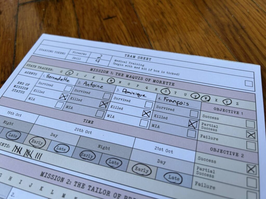 The log sheet from my first mission, showing all four agents dead.