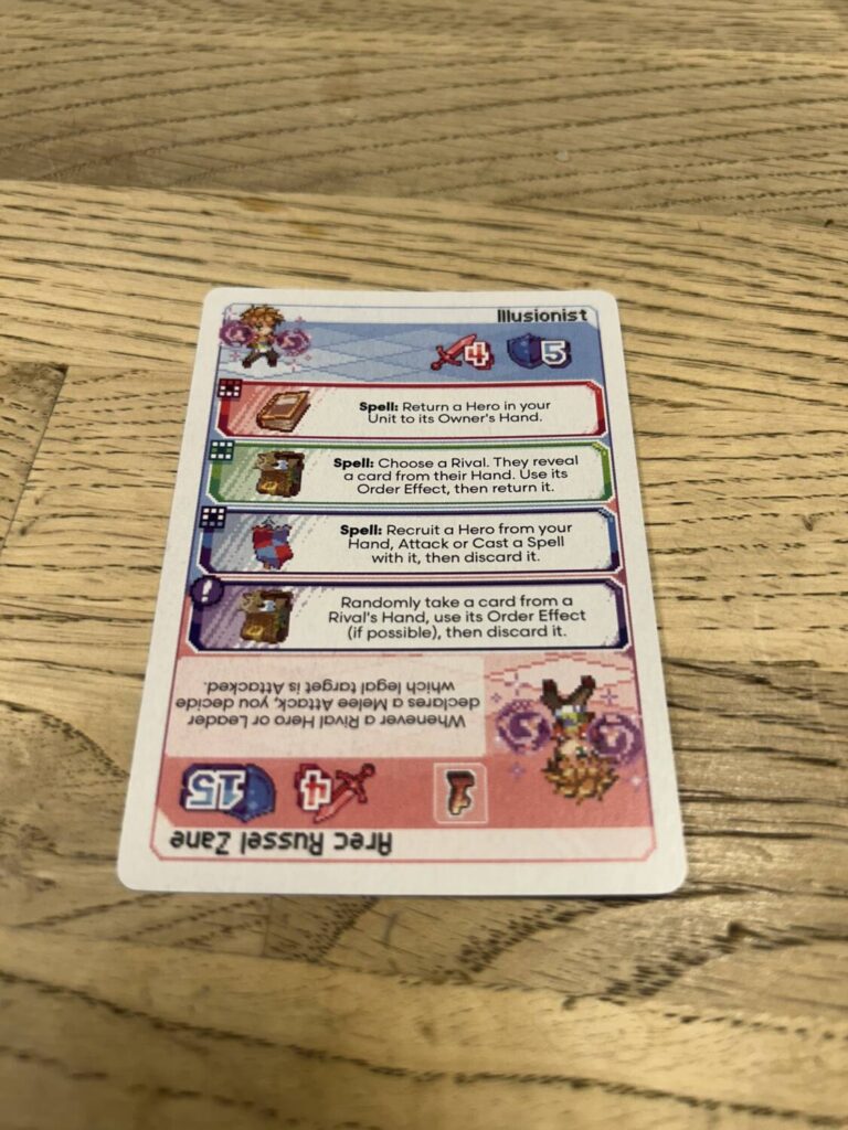 A medium shot of a full card. The three Formation abilities and Order are printed in a column of four text boxes. The Leader ability is printed facing the other way up, on the opposite end of the card.