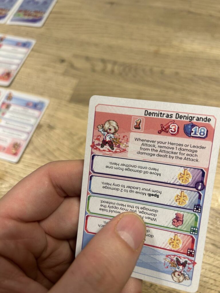 A card from the game, which includes the character's pixel art in the upper left corner. Their attack and health sit to the right, above a text box explaining their power.