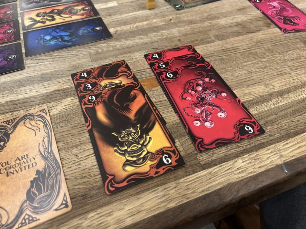 Two columns of cards in yellow and pink. The colors are exceptional and the art is wonderful.