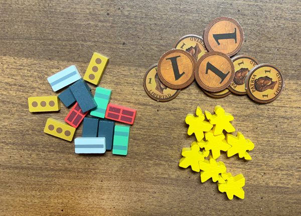 The four different bricks and the dark gray rubble, Pesos, and yellow workers.