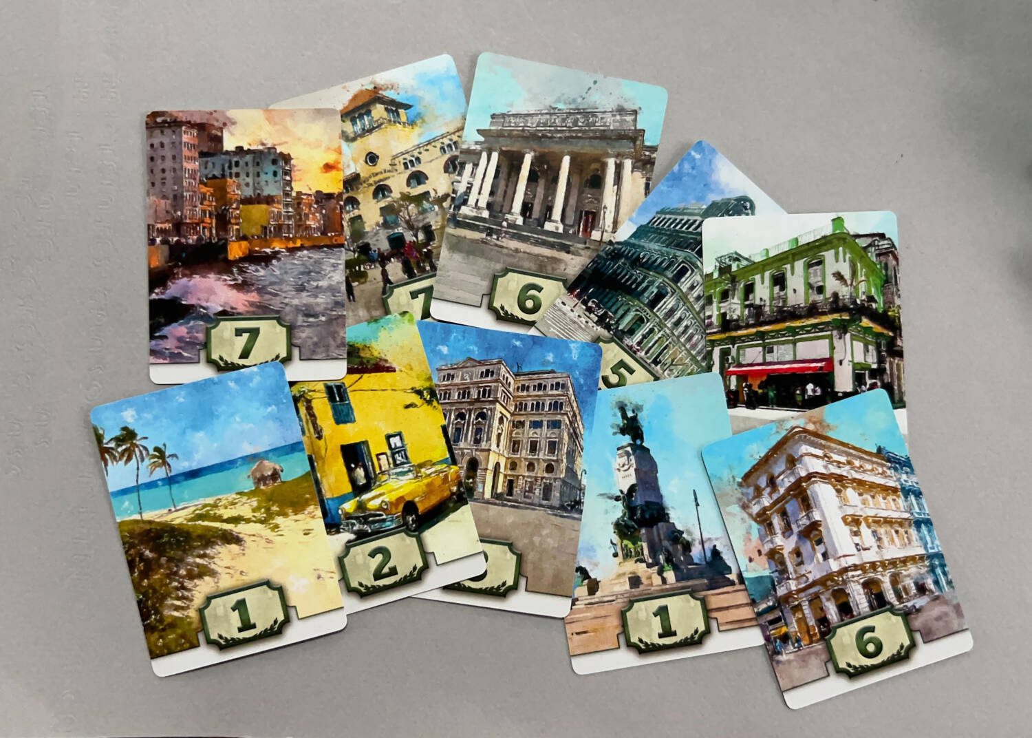 The beautiful artwork on the completed side of the building cards.